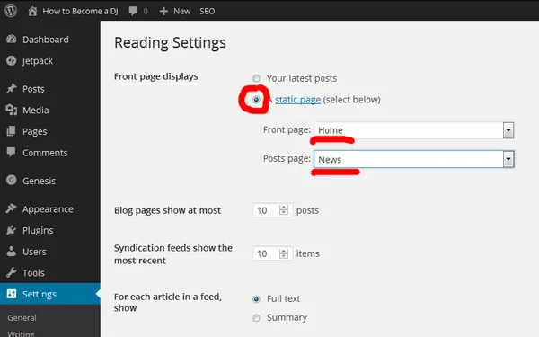 Wordpress reading settings screen