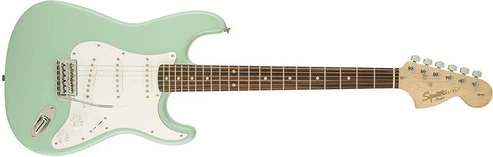 Standard configuration with 3 single coil pickups in surf green