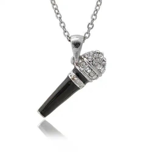 Spinningdaisy Crystal Black Karaoke Microphone Necklace (Silver Plated)