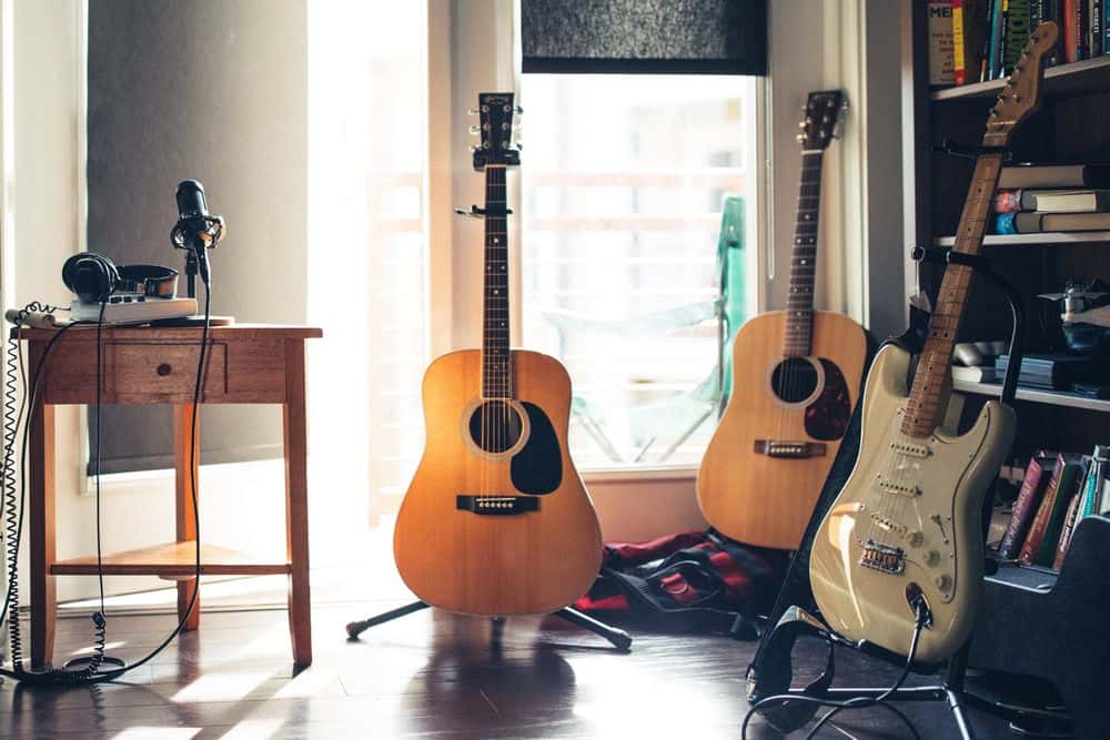 guitars on floor stands
