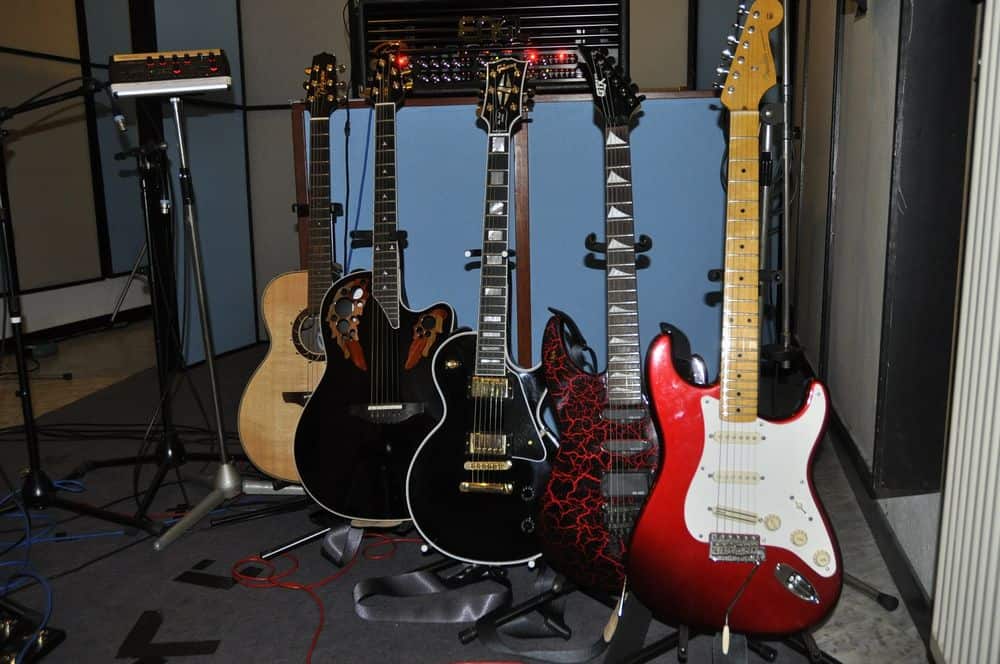 multiple guitars in recording studio